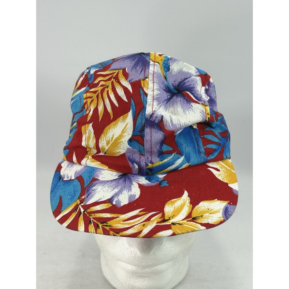 Vintage Wendy's Restaurant Hat Cap Snap Back Hawaiian Floral Print Red 80's 90s
